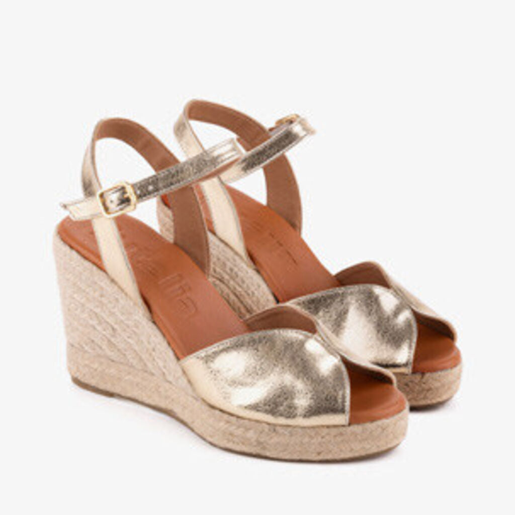 Gold Metallic Wedge Sandals with Ankle Strap