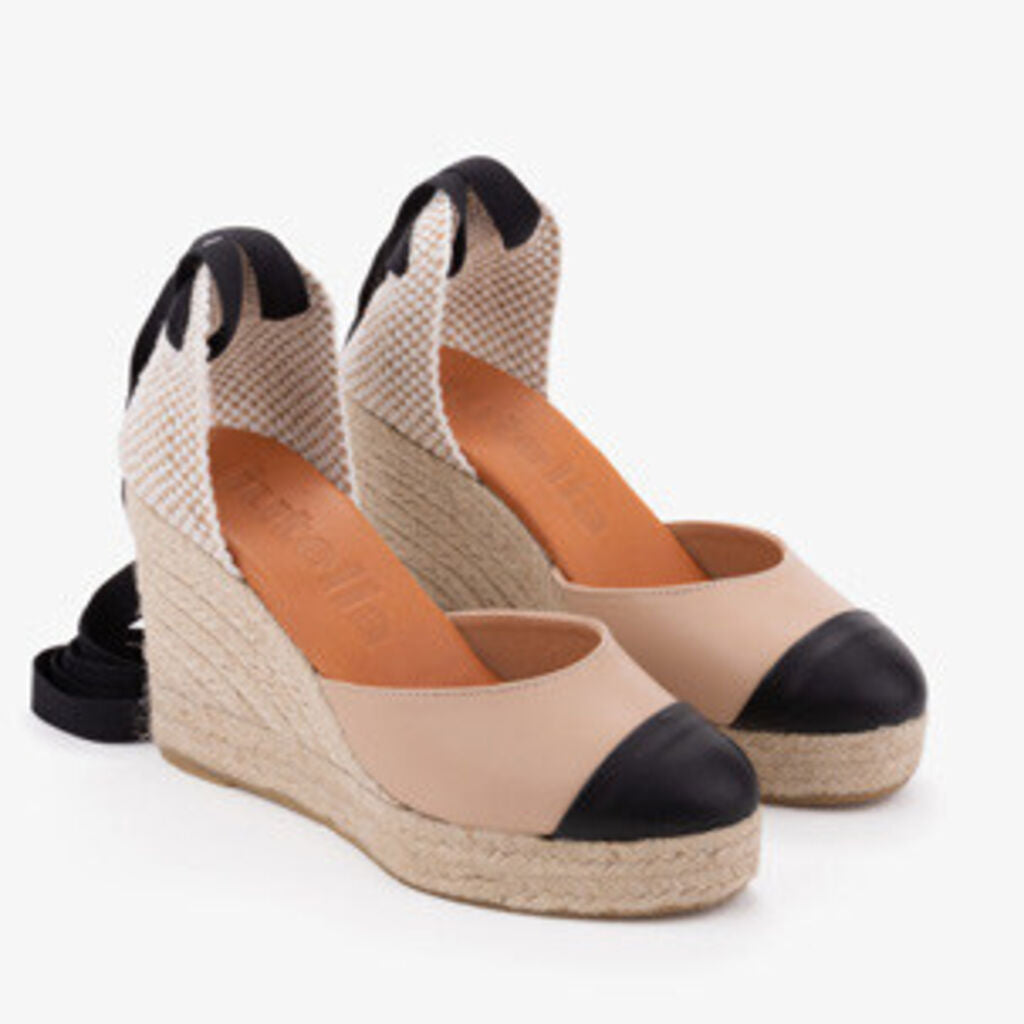 Beige Canvas Espadrille Wedges with Black Toe