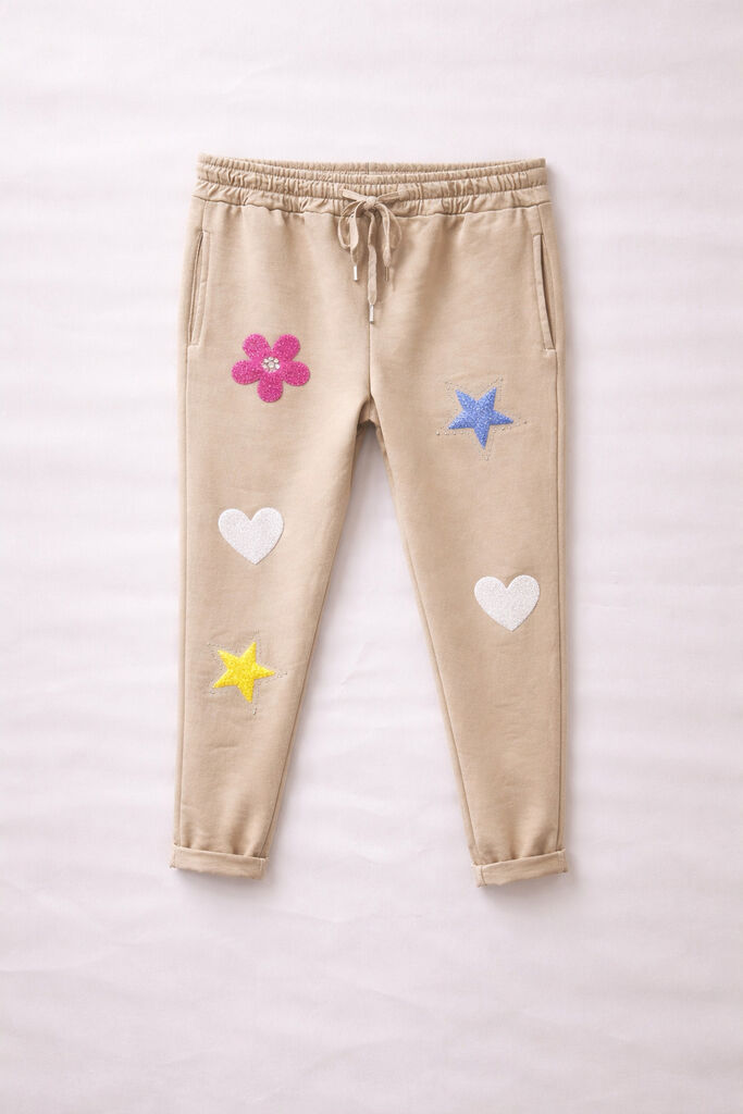 Beige Drawstring Pants with Embellished Patches