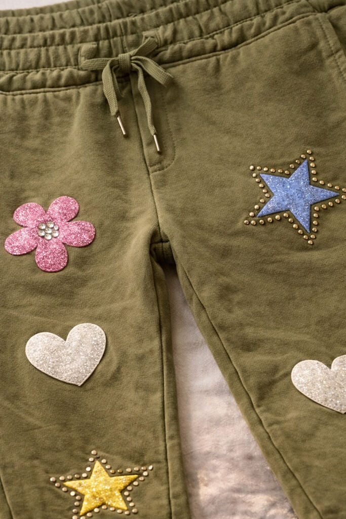 Olive Embellished Joggers with Starry Patches