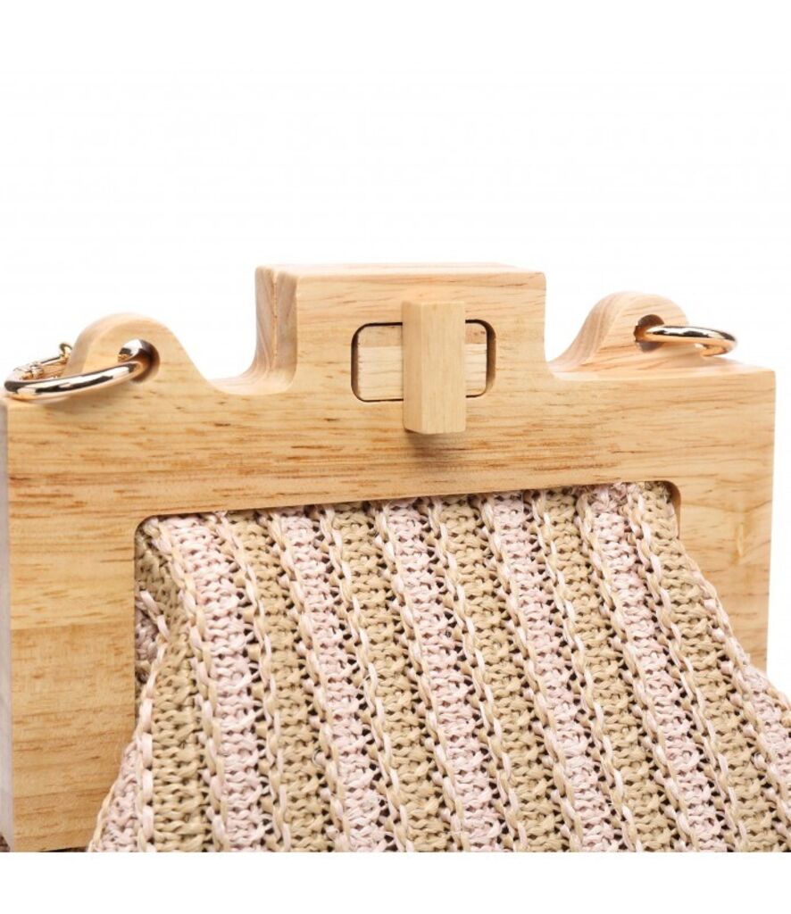 Beige Knit Wooden Frame Clutch with Gold Chain