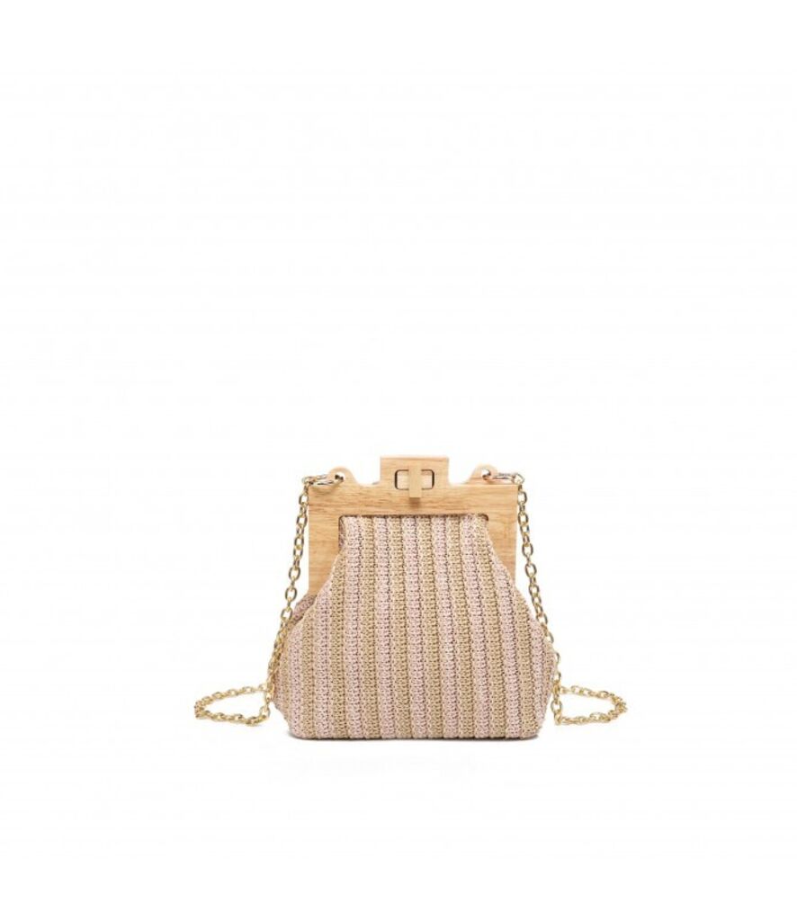 Beige Knit Wooden Frame Clutch with Gold Chain