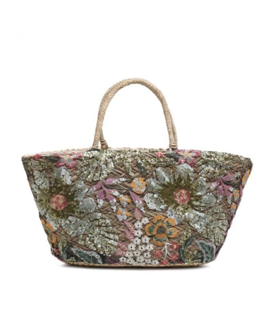 Floral Embroidered Woven Tote Bag