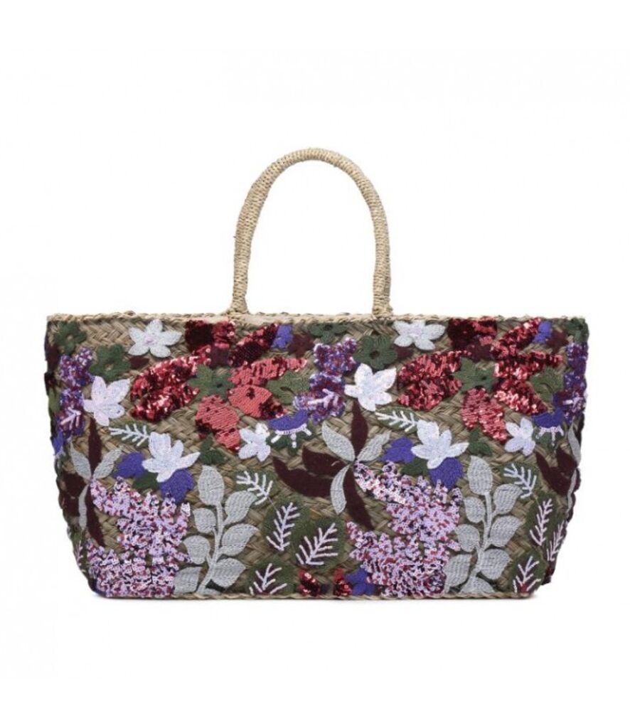 Embroidered Floral Woven Tote with Sequin Accents