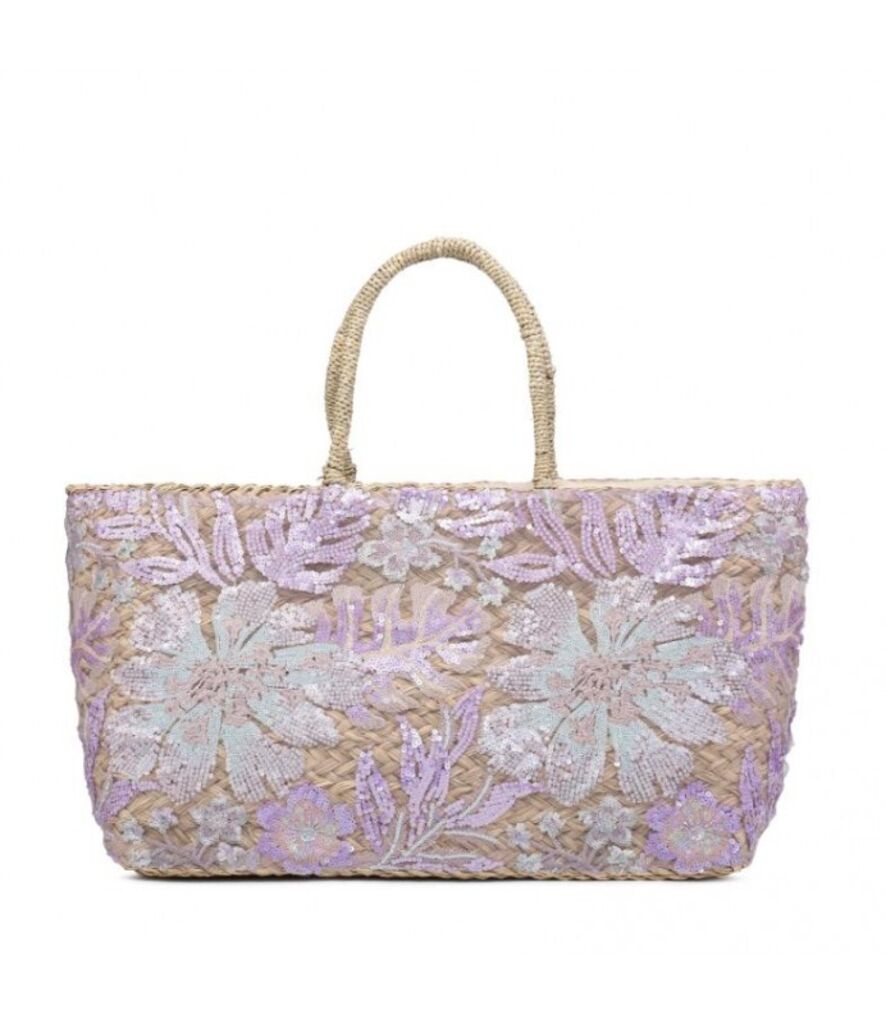 Pastel Floral Embellished Straw Tote