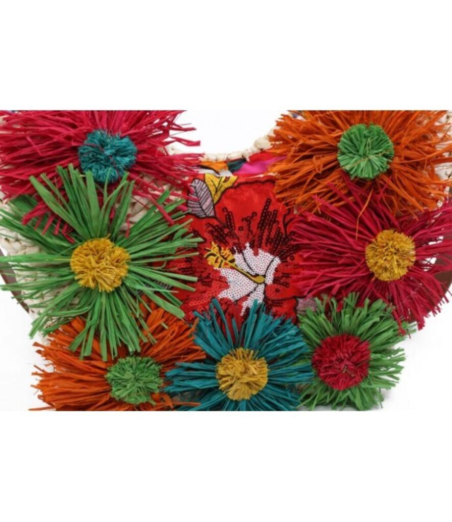 Colorful Raffia Embellished Tote with Floral Accents