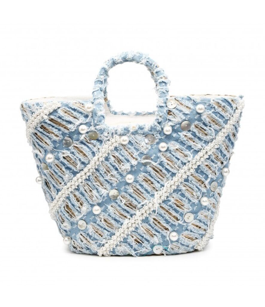 Blue Textured Tote Bag with Pearl Accents