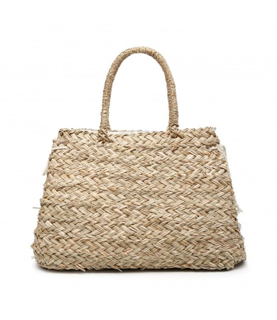 Blue Textured Tote Bag with Pearl Embellishments