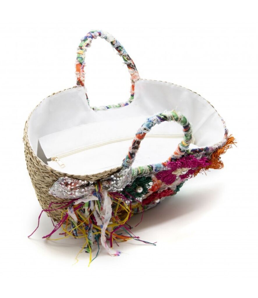 Colorful Embellished Straw Tote with Floral Accents