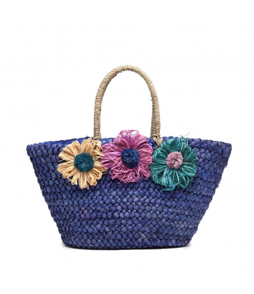 Multicolor Woven Straw Tote with Floral Accents