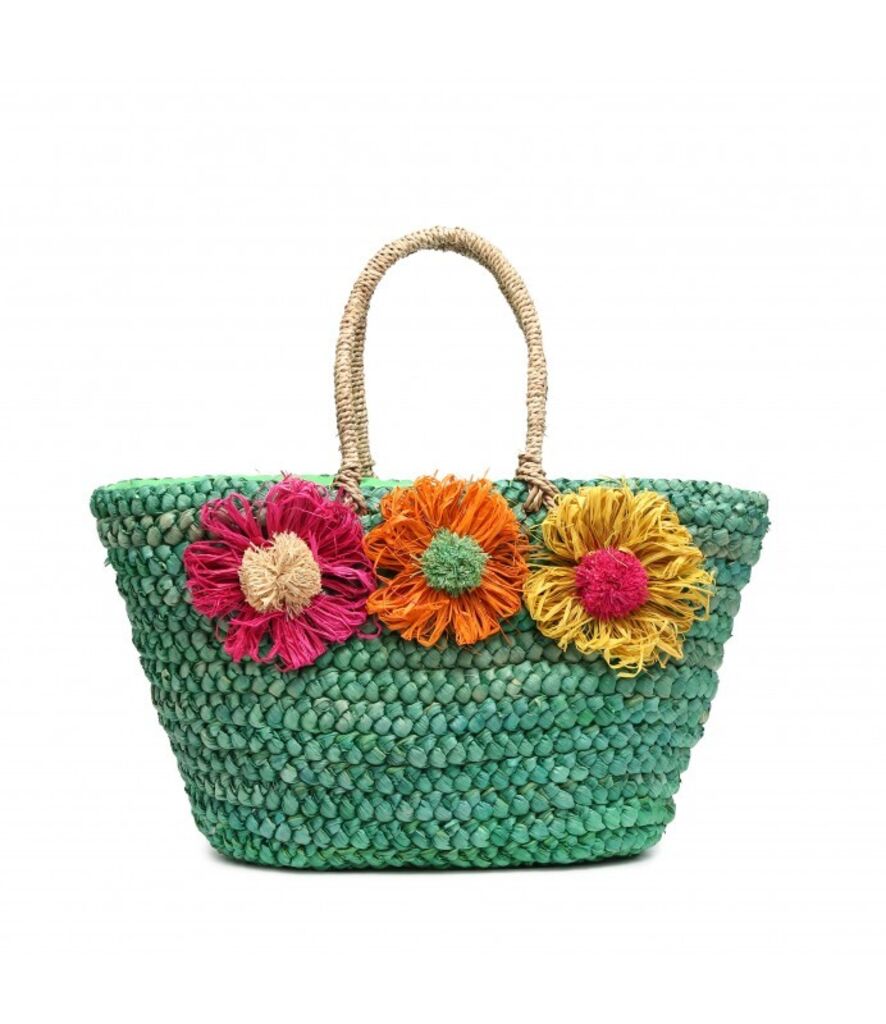 Green Woven Tote with Colorful Floral Accents