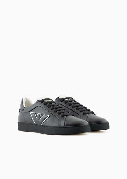 Black Leather Sneakers with Logo Detail