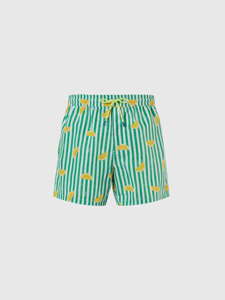 Green Striped Swim Shorts with Lemon Print