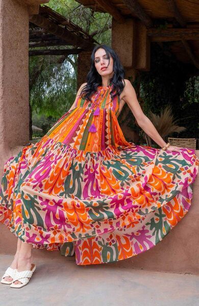 Vibrant Abstract Maxi Dress with Tiered Skirt