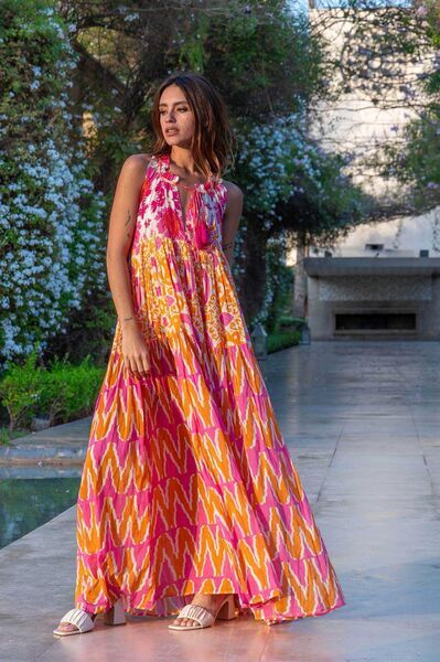 Vibrant Geometric Maxi Dress with Sleeveless Design