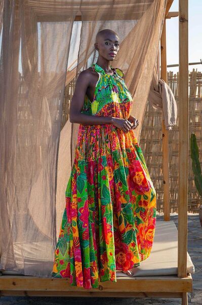 Colorful Floral Maxi Dress with Halter Neckline