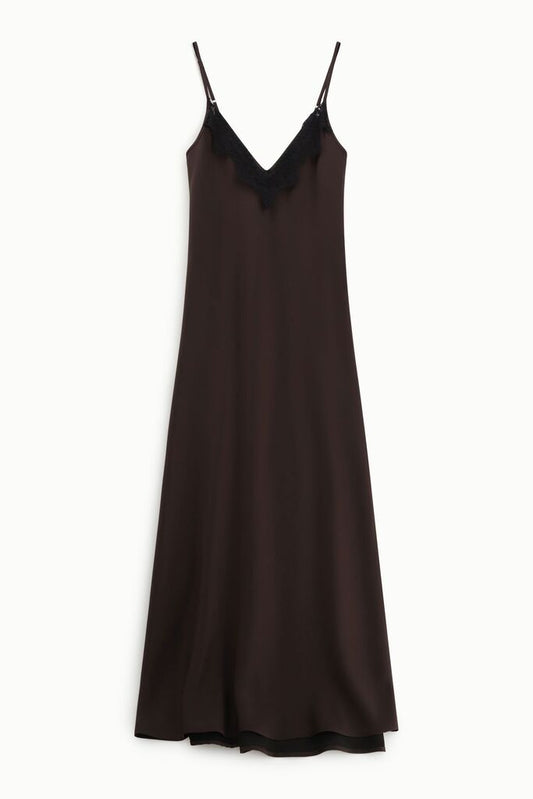 Brown Satin Slip Dress with Lace Detail
