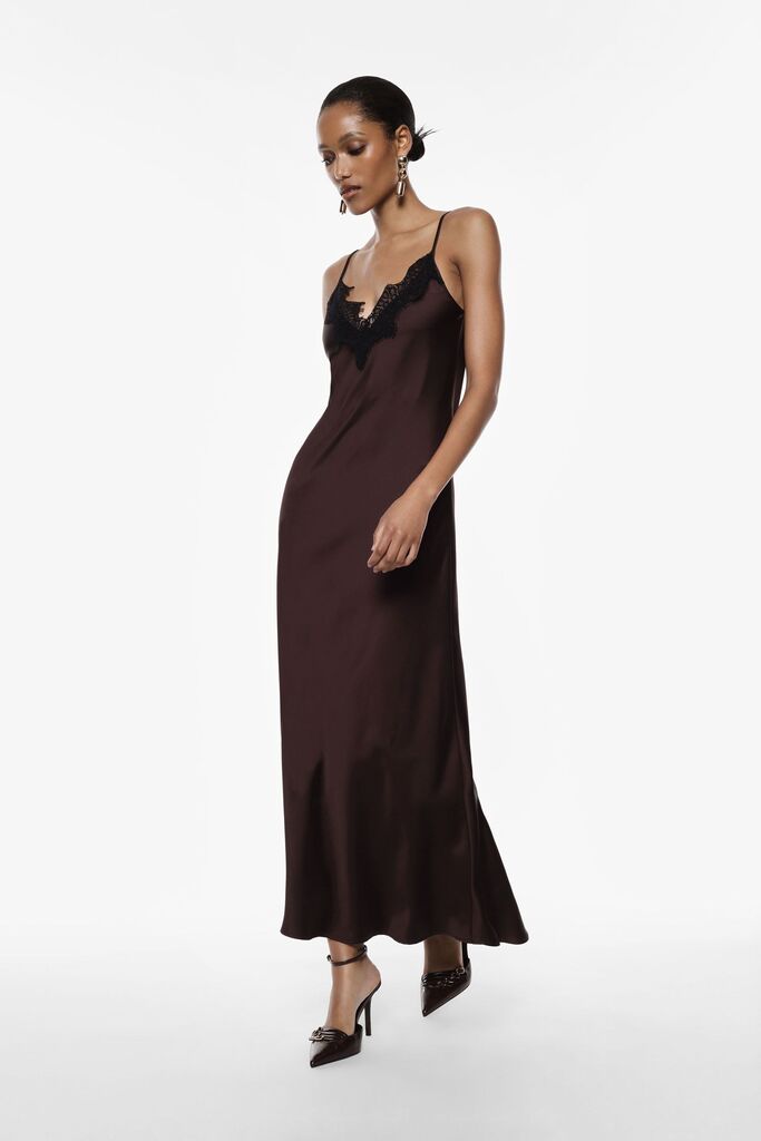 Brown Satin Slip Dress with Lace Detail