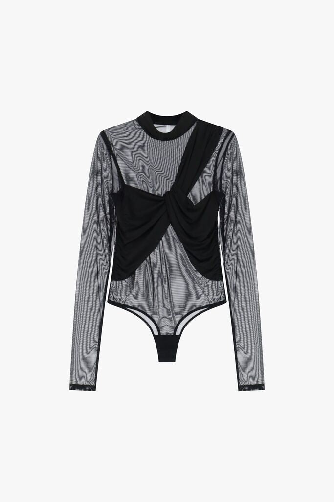 Black Mesh Bodysuit with Draped Detail