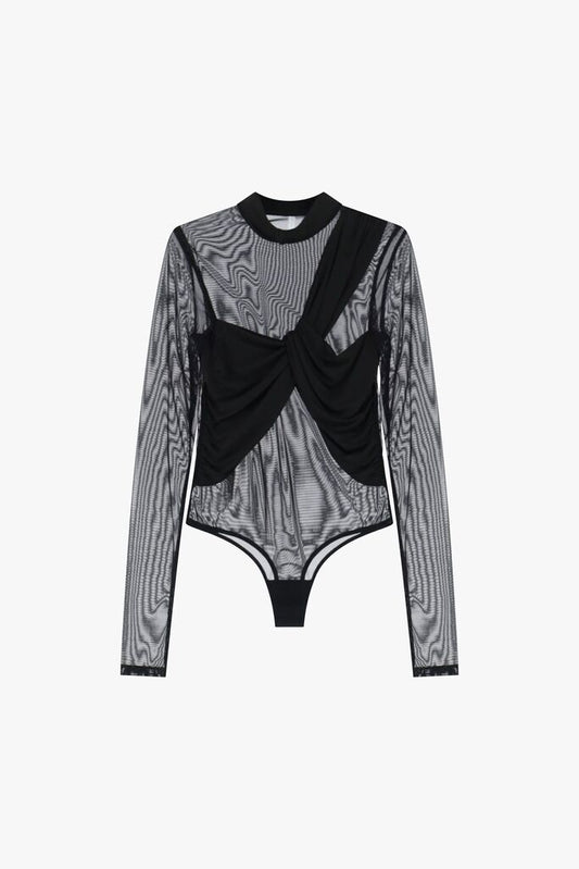 Black Mesh Bodysuit with Draped Detail
