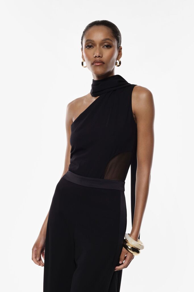 Black Asymmetric Bodysuit with Mesh Detail