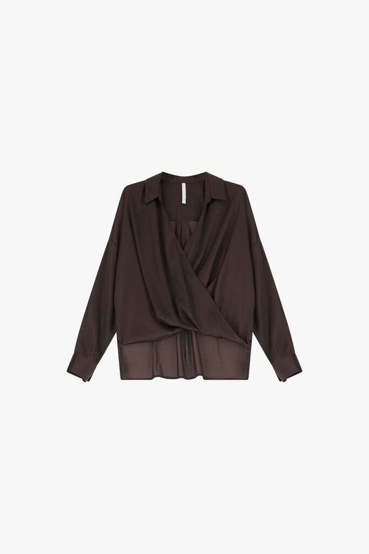 Brown Asymmetric Bodysuit with Mesh Detail