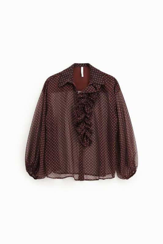 Brown Sheer Polka Dot Blouse with Ruffled Front