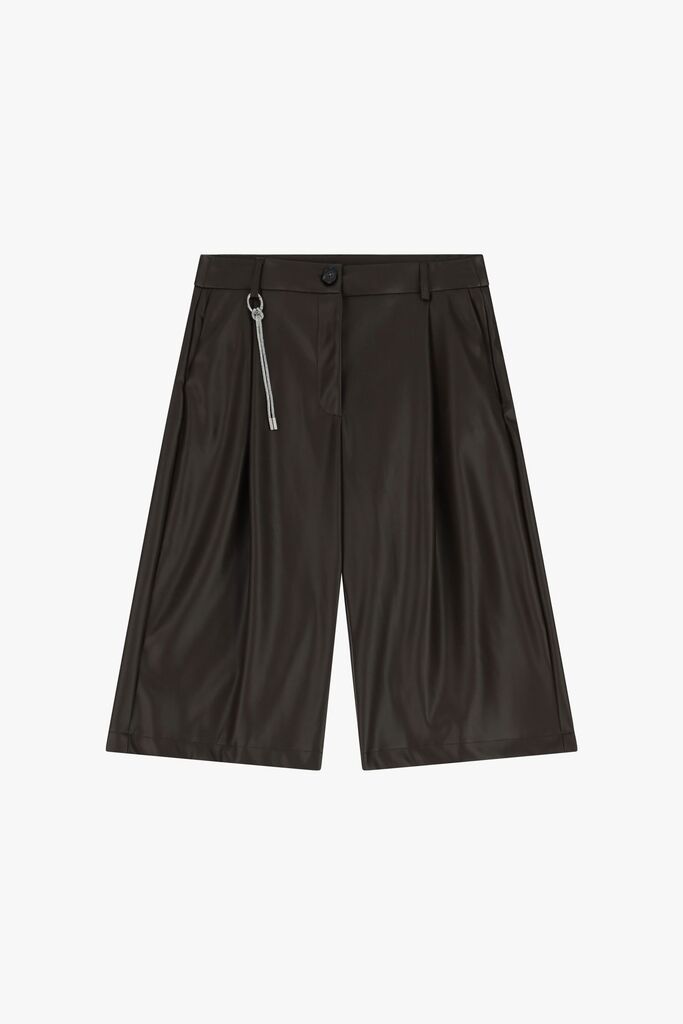 Brown Pleated Wide-Leg Shorts with Metal Accent