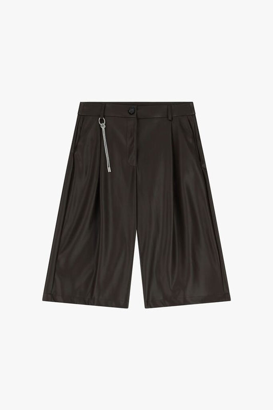 Brown Pleated Wide-Leg Shorts with Metal Accent