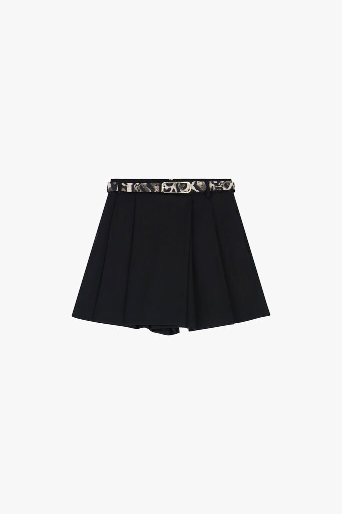 Black Pleated Mini Skort with Patterned Belt