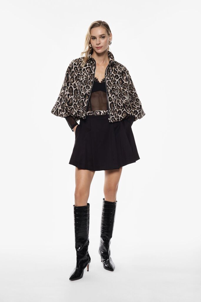 Black Pleated Mini Skort with Patterned Belt