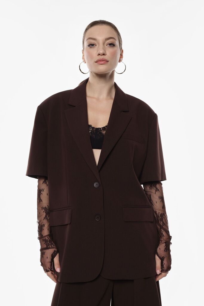 Chocolate Brown Blazer with Lace Sleeves