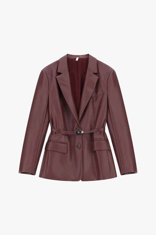 Burgundy Faux Leather Belted Blazer