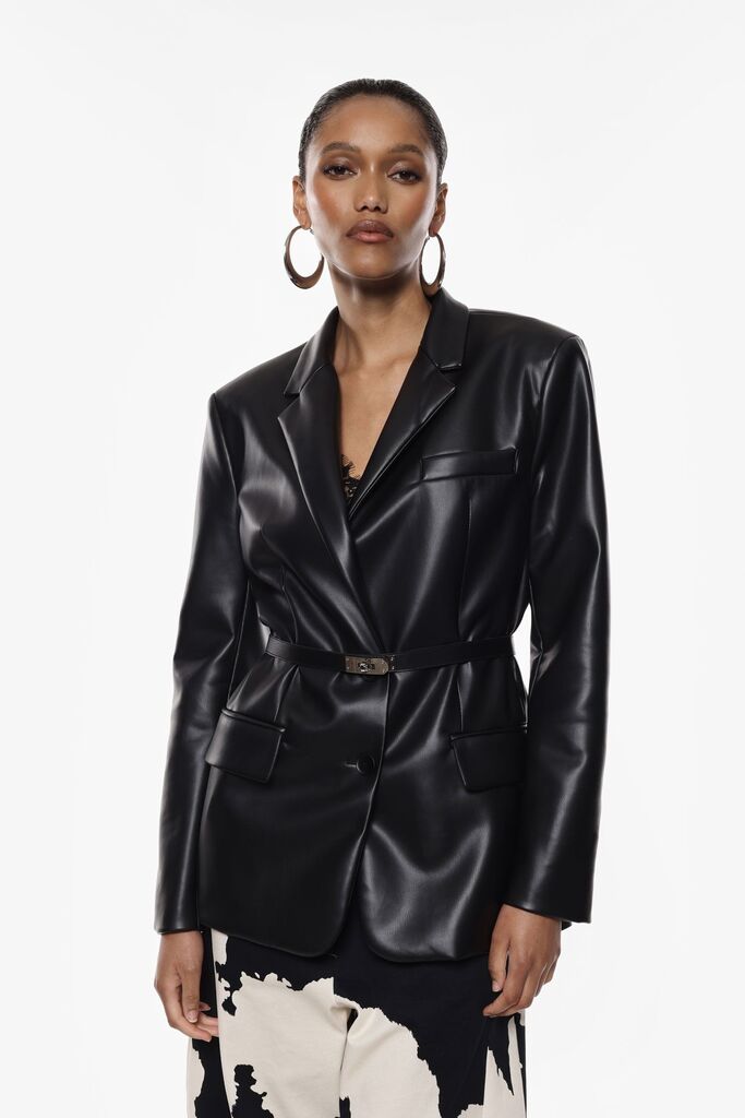 Black Satin Blazer with Belted Detail