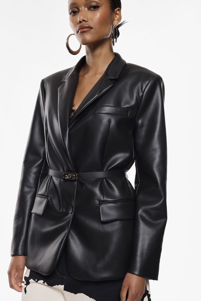 Black Satin Blazer with Belted Detail