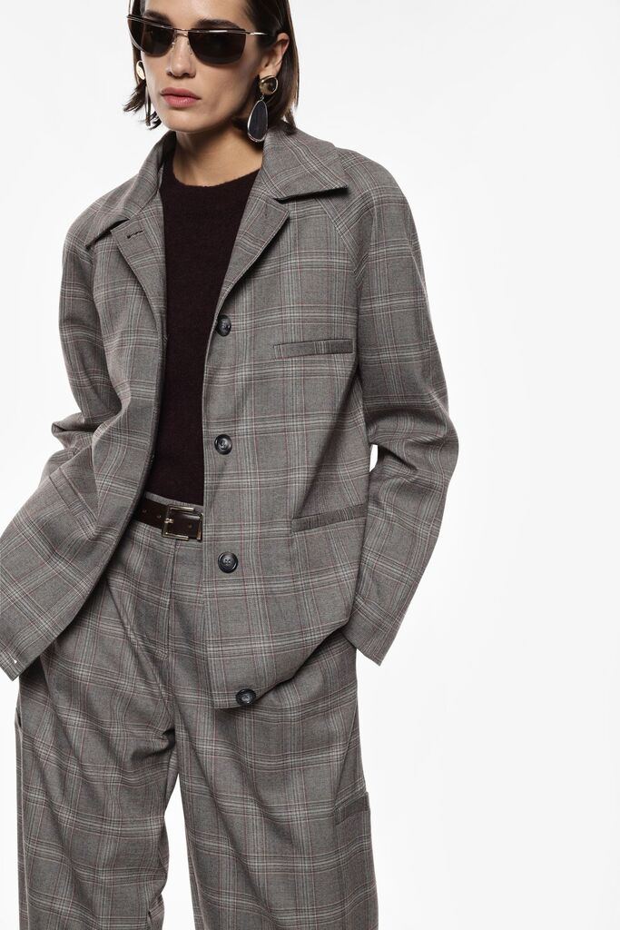 Gray Plaid Wool Jacket with Relaxed Fit