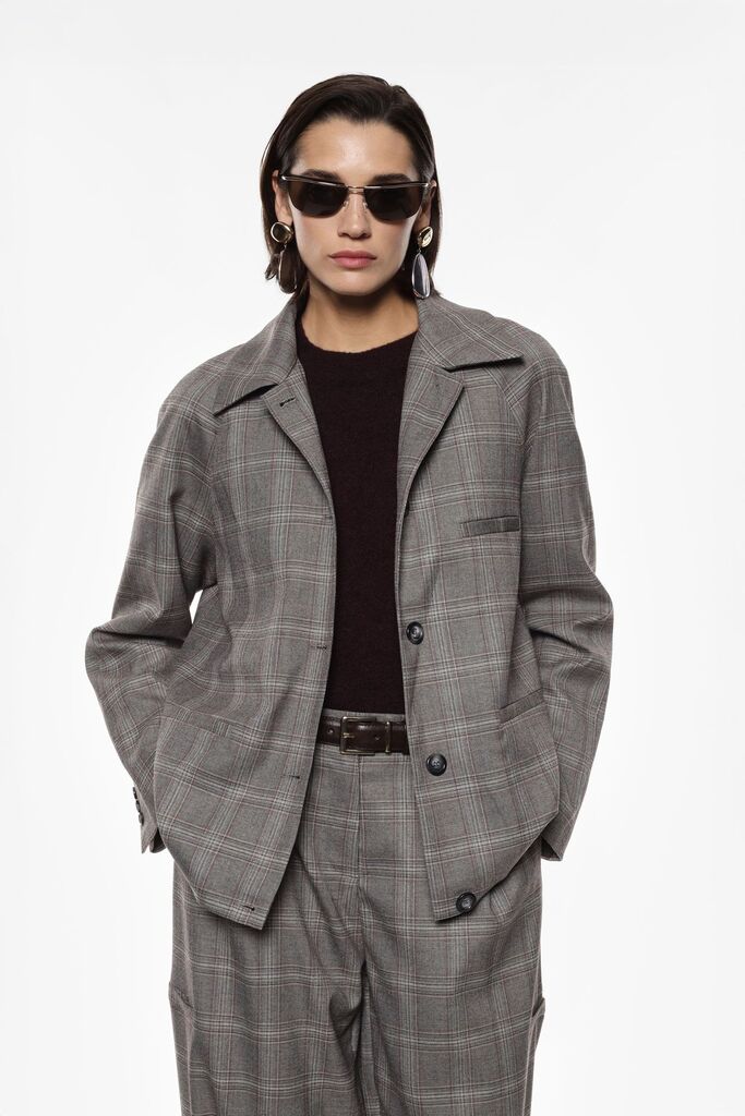 Gray Plaid Wool Jacket with Relaxed Fit