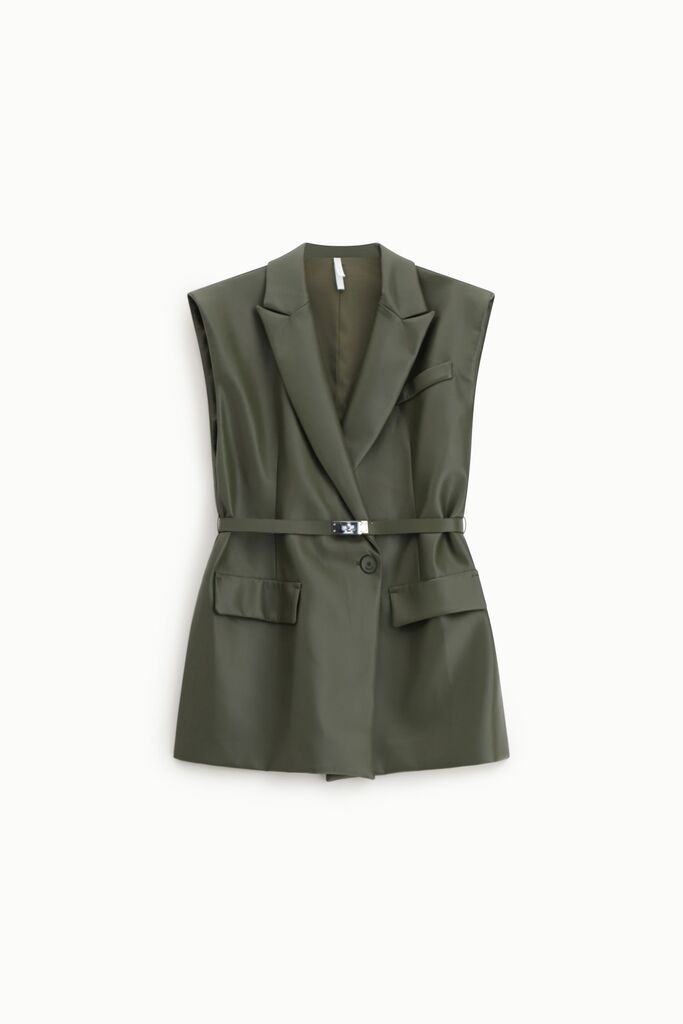 Olive Tailored Vest with Belt Detail