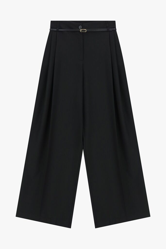 Black Wide-Leg Trousers with Belt Detail