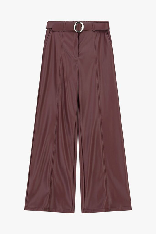 Burgundy Faux Leather Wide-Leg Pants with Belt