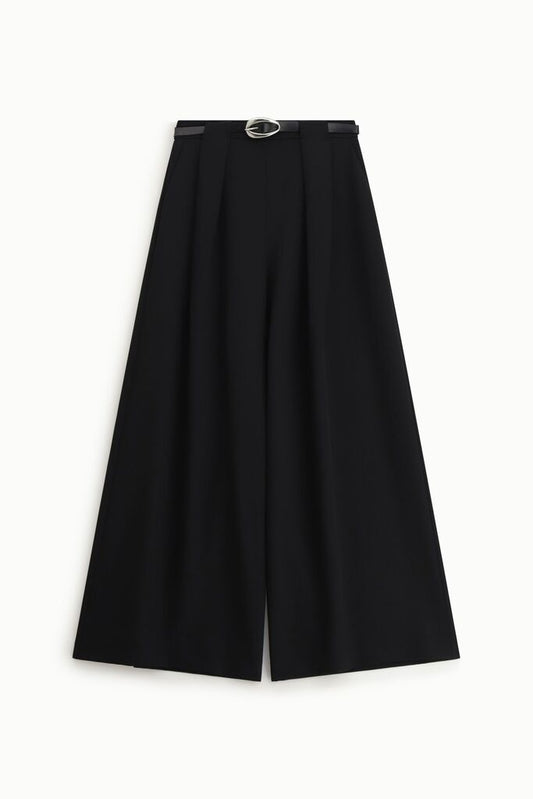 Black Wide-Leg Trousers with Belt Detail