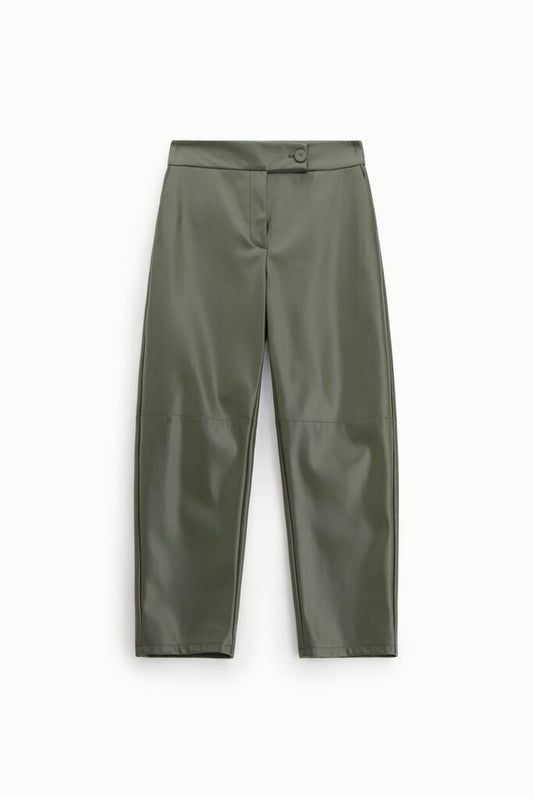 Olive Faux Leather Cropped Pants with Wide Leg