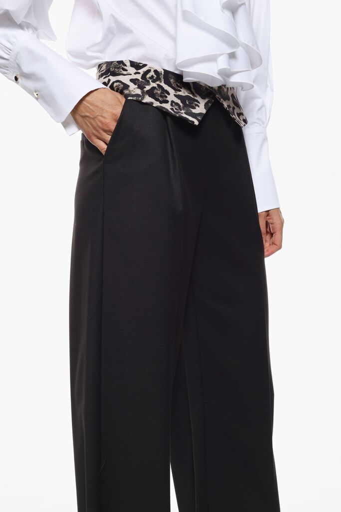 Black Wide-Leg Pants with Leopard Print Detail