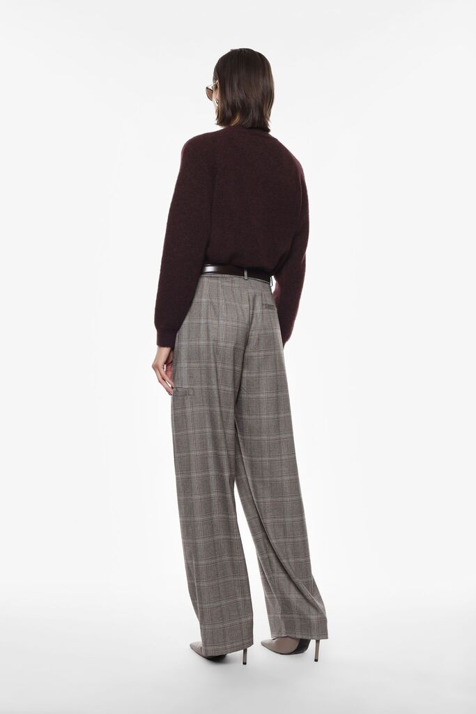 Gray Plaid Wide-Leg Trousers with Button Detail