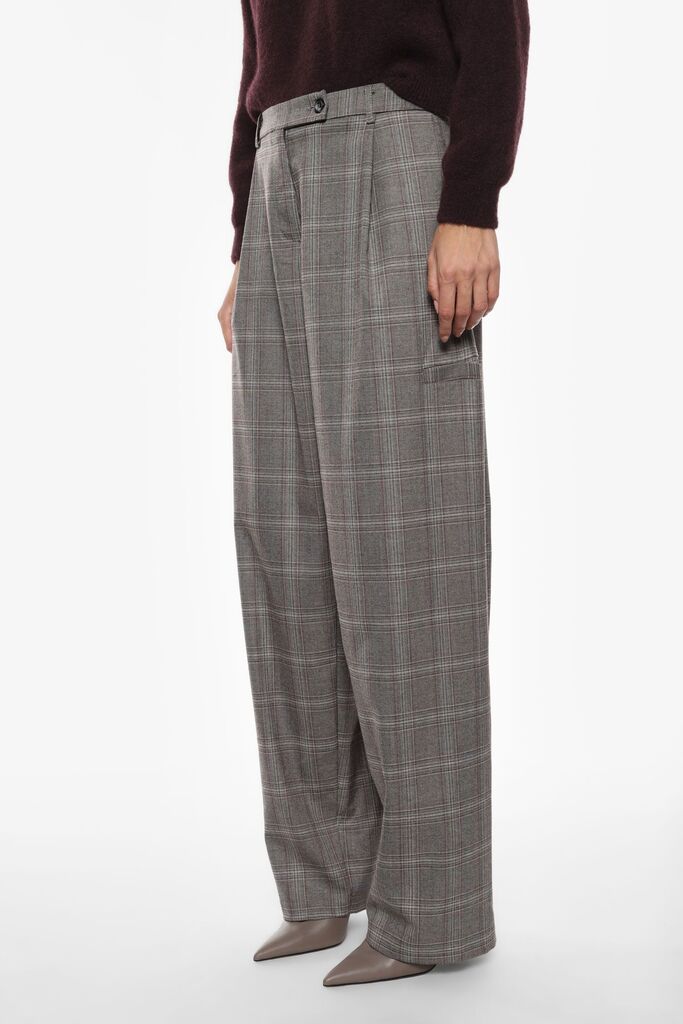 Gray Plaid Wide-Leg Trousers with Button Detail