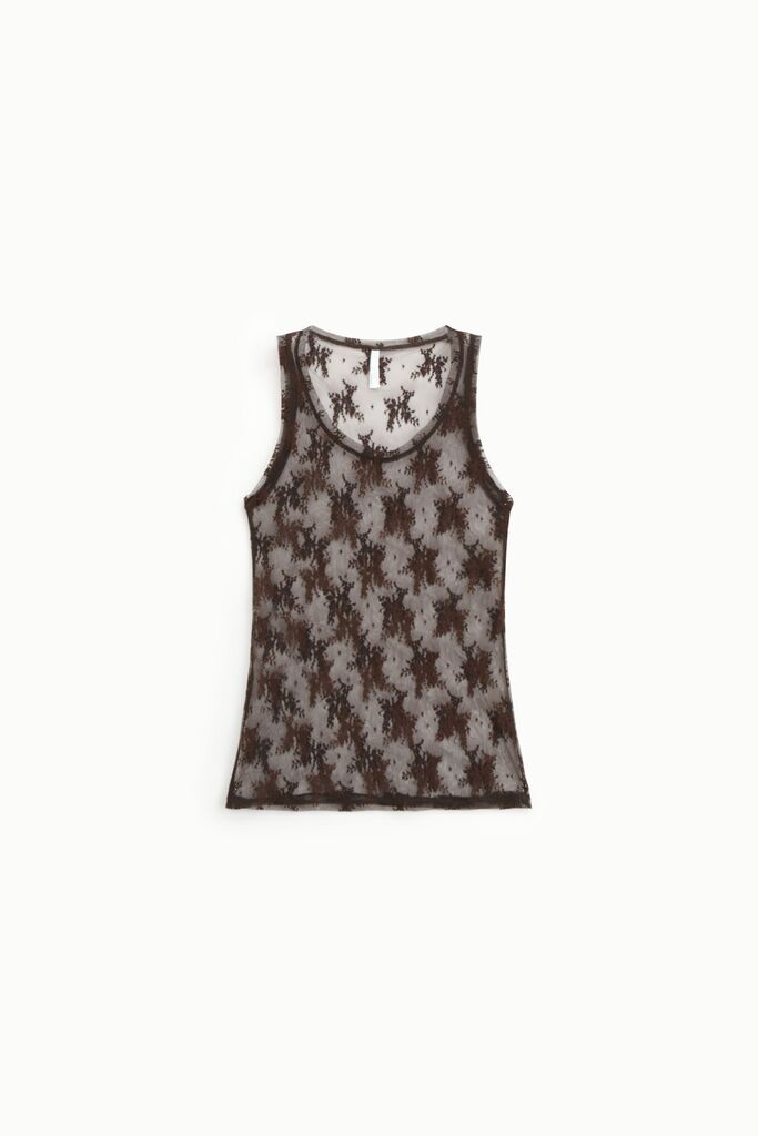 Brown Sheer Tank Top with Intricate Pattern
