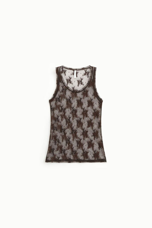 Brown Sheer Tank Top with Intricate Pattern