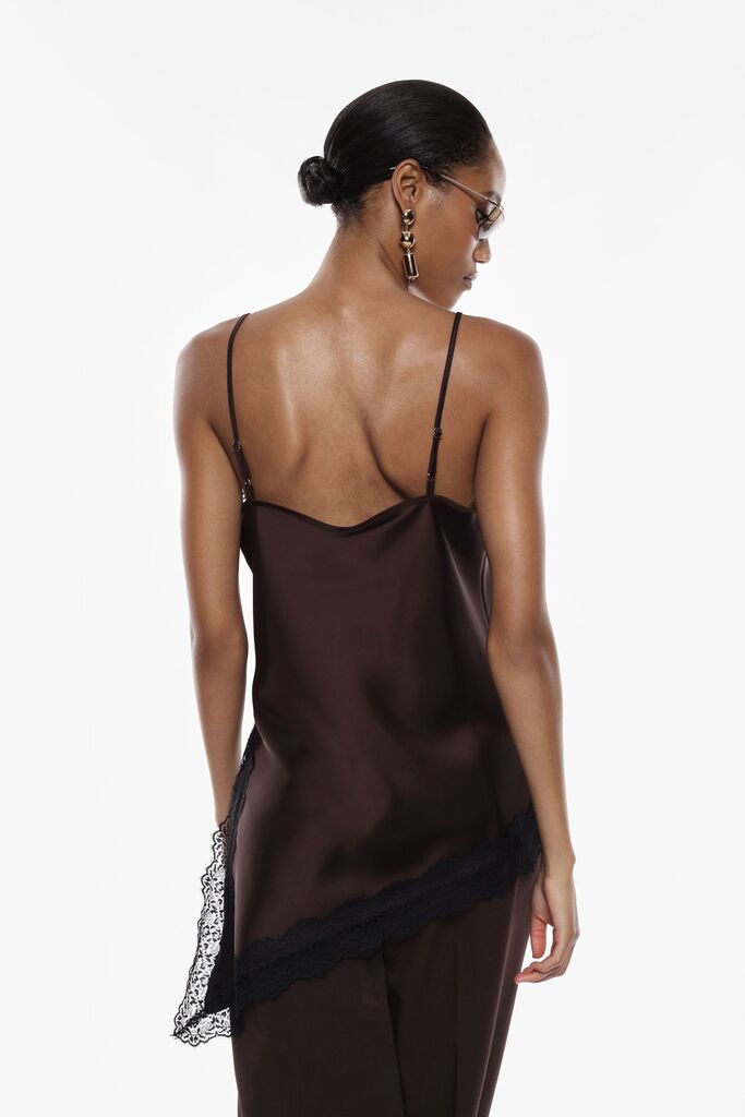 Brown Lace Trim Asymmetrical Camisole