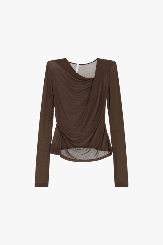 Brown Sheer Drape Long Sleeve Top