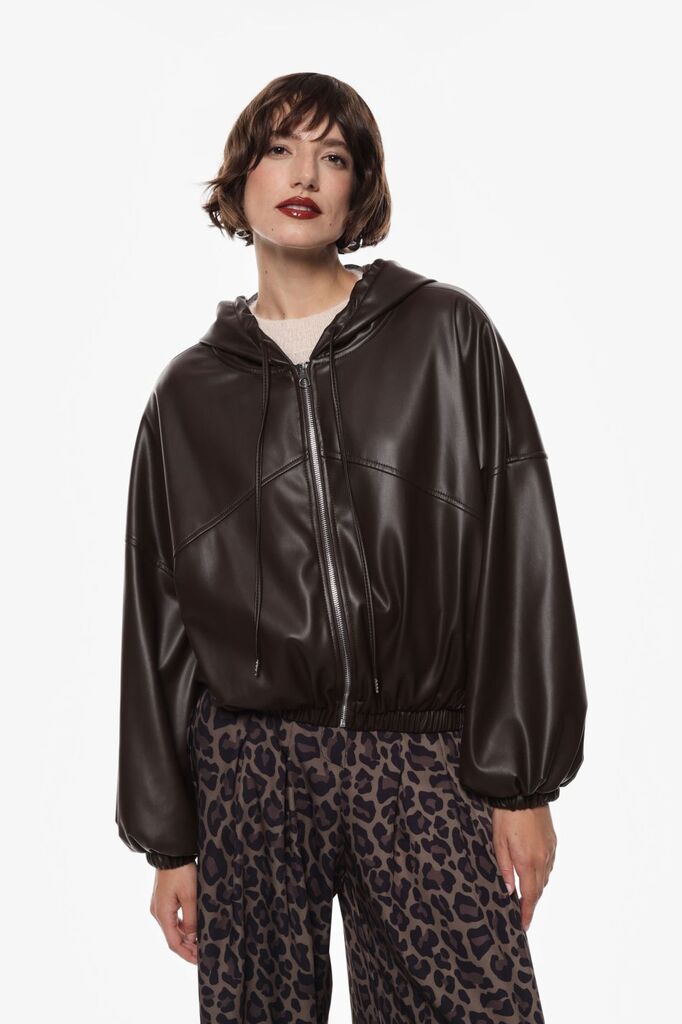 Dark Glossy Hooded Jacket with Elastic Hem